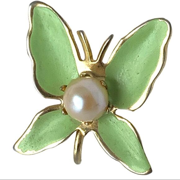 Vintage green enamel pearl gold plated Butterfly clip earrings - Picture 4 of 9